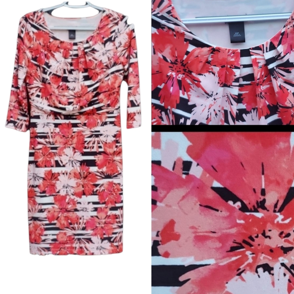 Ann Taylor Petite Pink Red Black Floral Striped Stretchy Pullover Dress X…